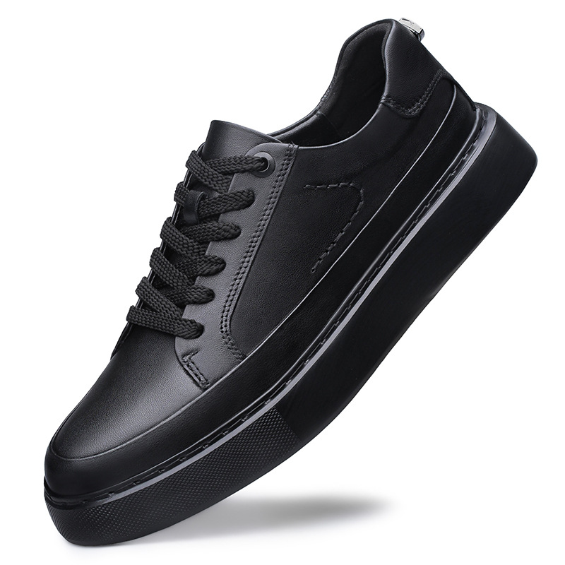Men's Leather Black Shoes Spring and Autumn Thick-Soled Business Sneakers